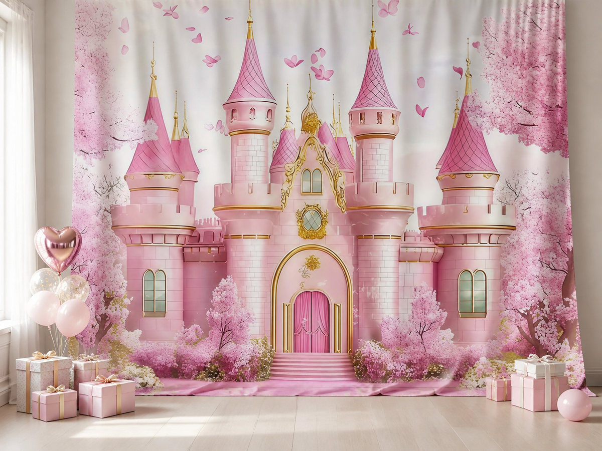 Pink Princess Castle Cherry Blossom fabric photography backdrop scene 1