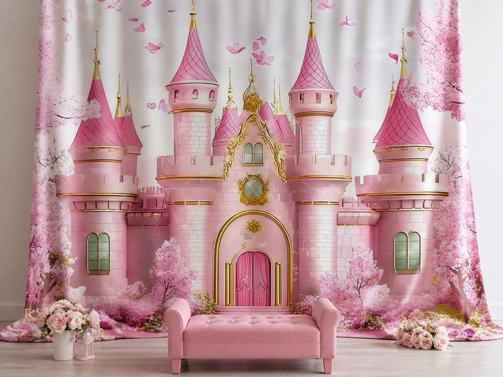 Pink Princess Castle Cherry Blossom fabric photography backdrop scene 2