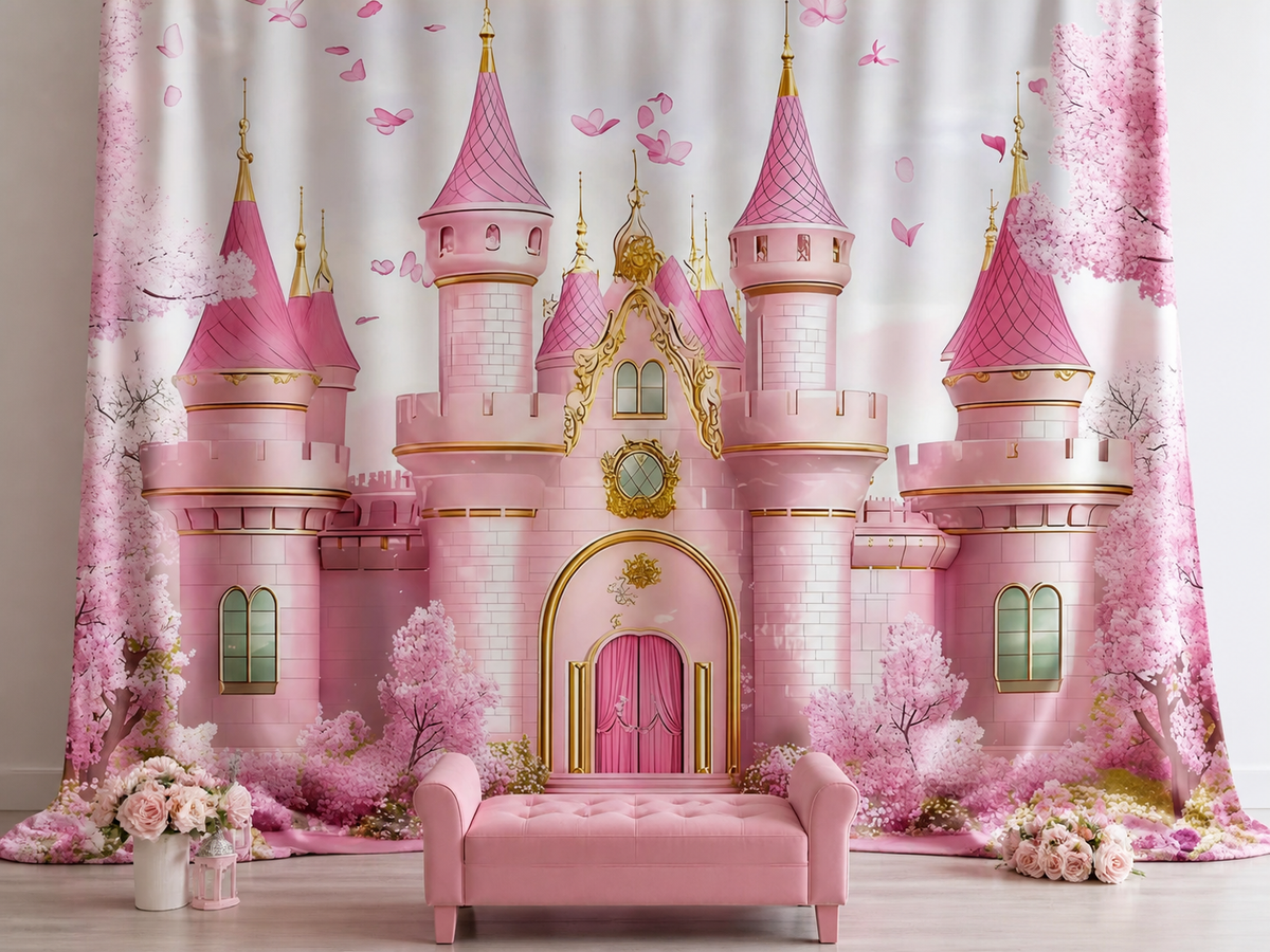 Pink Princess Castle Cherry Blossom fabric photography backdrop scene 2