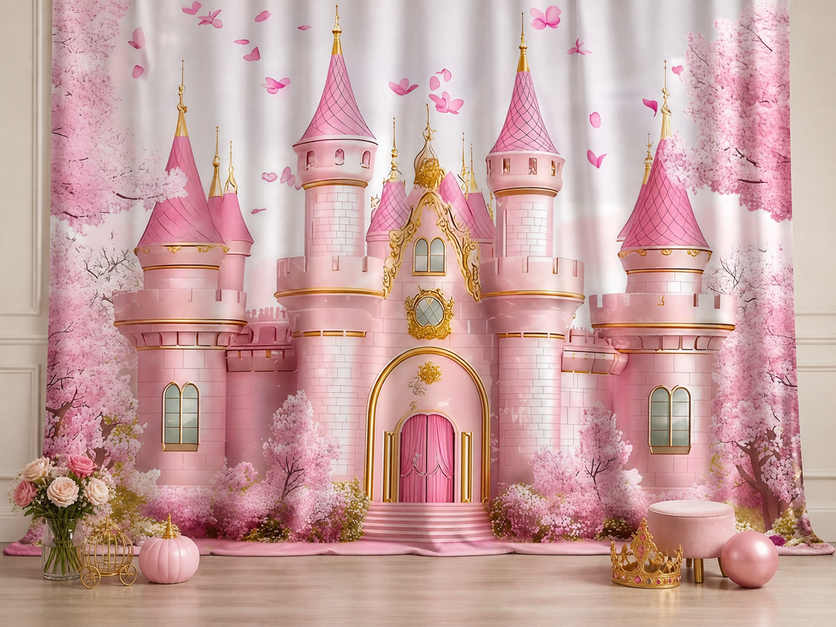 Pink Princess Castle Cherry Blossom fabric photography backdrop scene 3