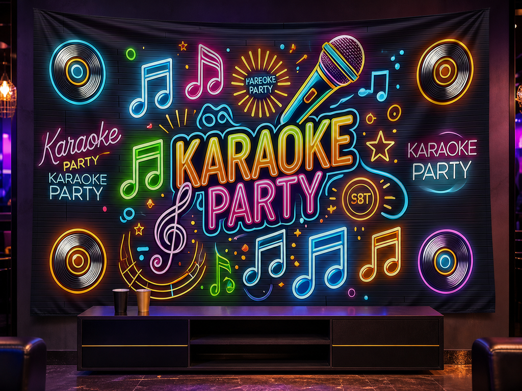 Neon Karaoke Party backdrop lounge celebration scene