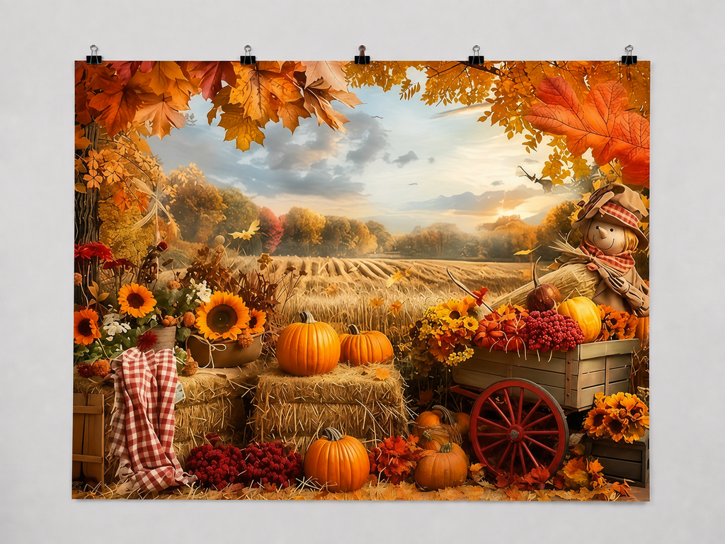 Autumn Harvest Pumpkins and Sunflowers printed polyester backdrop, shown at244 x183cm with straight-cut unhemmed edges and wall clips. Flat printed scenery; accessories not included.