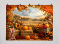 Autumn Harvest Pumpkins and Sunflowers printed polyester backdrop, shown at244 x183cm with straight-cut unhemmed edges and wall clips. Flat printed scenery; accessories not included.