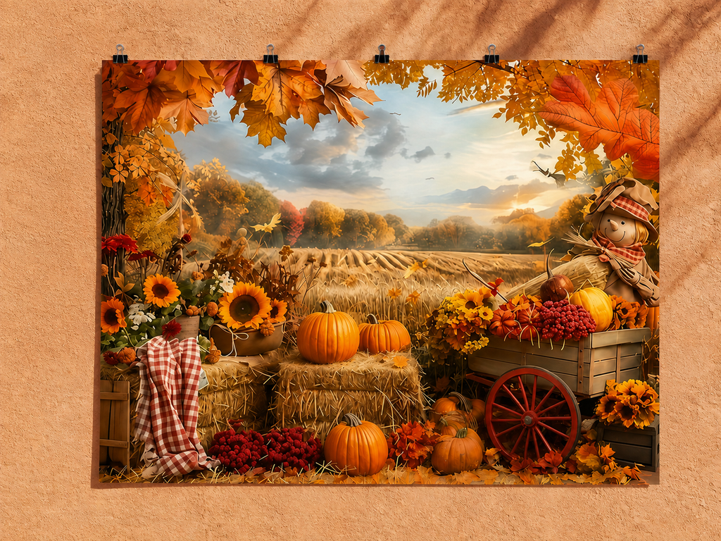 Autumn Harvest Pumpkins and Sunflowers printed polyester backdrop, shown at244 x183cm with straight-cut unhemmed edges and wall clips. Flat printed scenery; accessories not included.