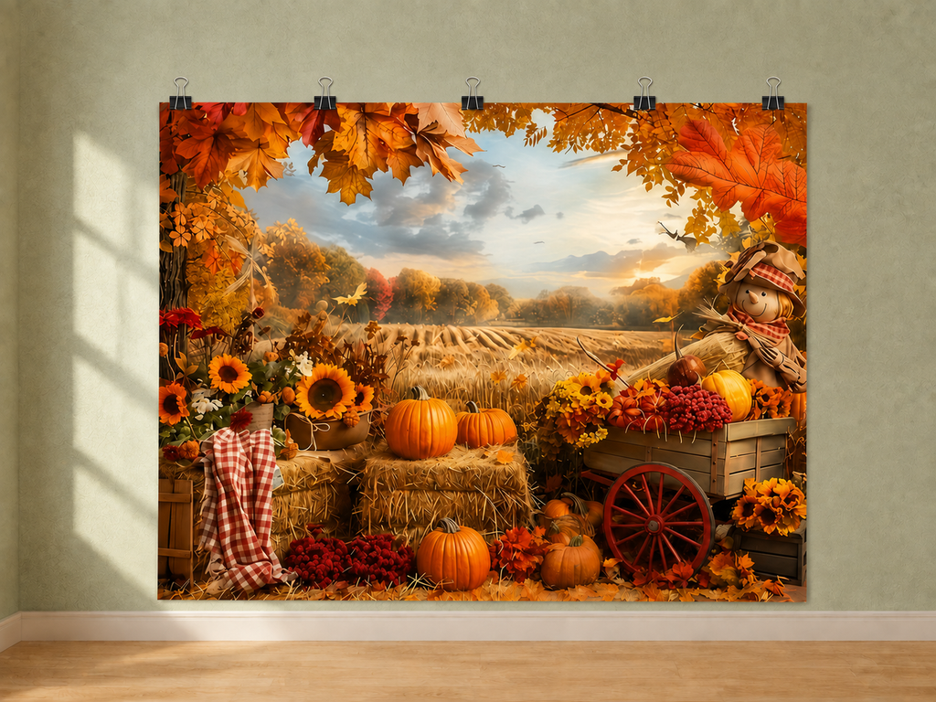 Autumn Harvest Pumpkins and Sunflowers printed polyester backdrop, shown at244 x183cm with straight-cut unhemmed edges and wall clips. Flat printed scenery; accessories not included.