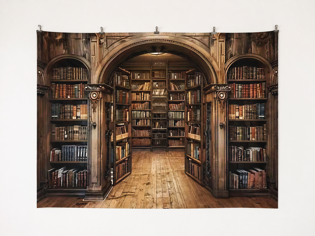 Dark Wooden Arched Library Printed Backdrop — complete flat printed design; accessories not included