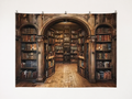 Dark Wooden Arched Library Printed Backdrop — complete flat printed design; accessories not included