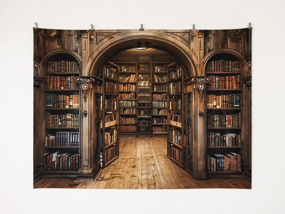 Dark Wooden Arched Library Printed Backdrop — complete flat printed design; accessories not included