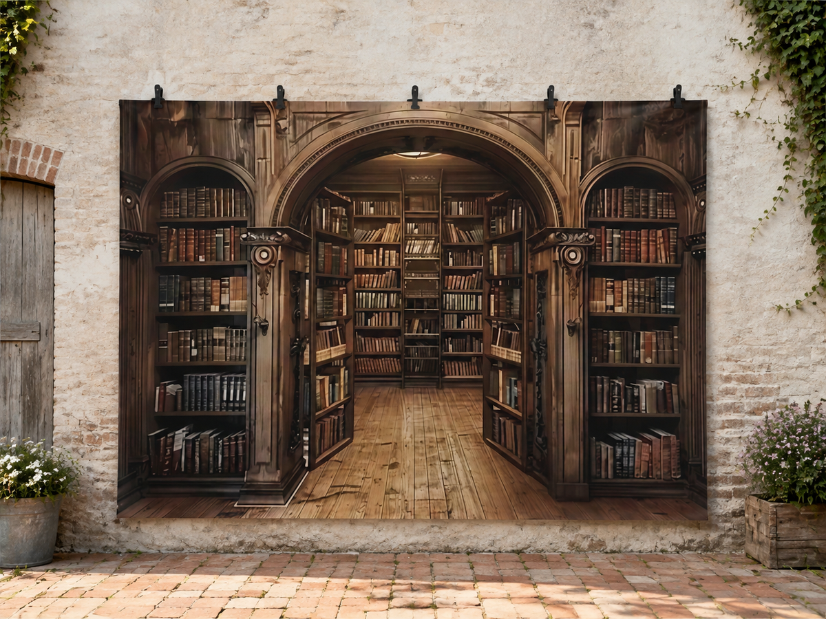 Dark Wooden Arched Library Printed Backdrop — temporary dry outdoor wall-clip display; accessories not included