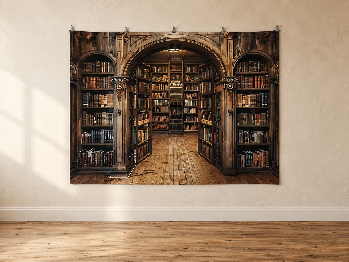Dark Wooden Arched Library Printed Backdrop — indoor wall-clip display; accessories not included