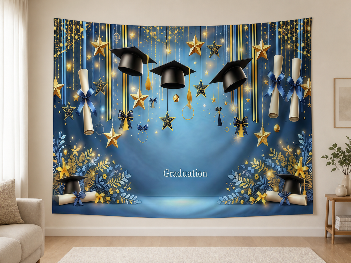 Navy Gold Graduation Cap Backdrop indoor application scene