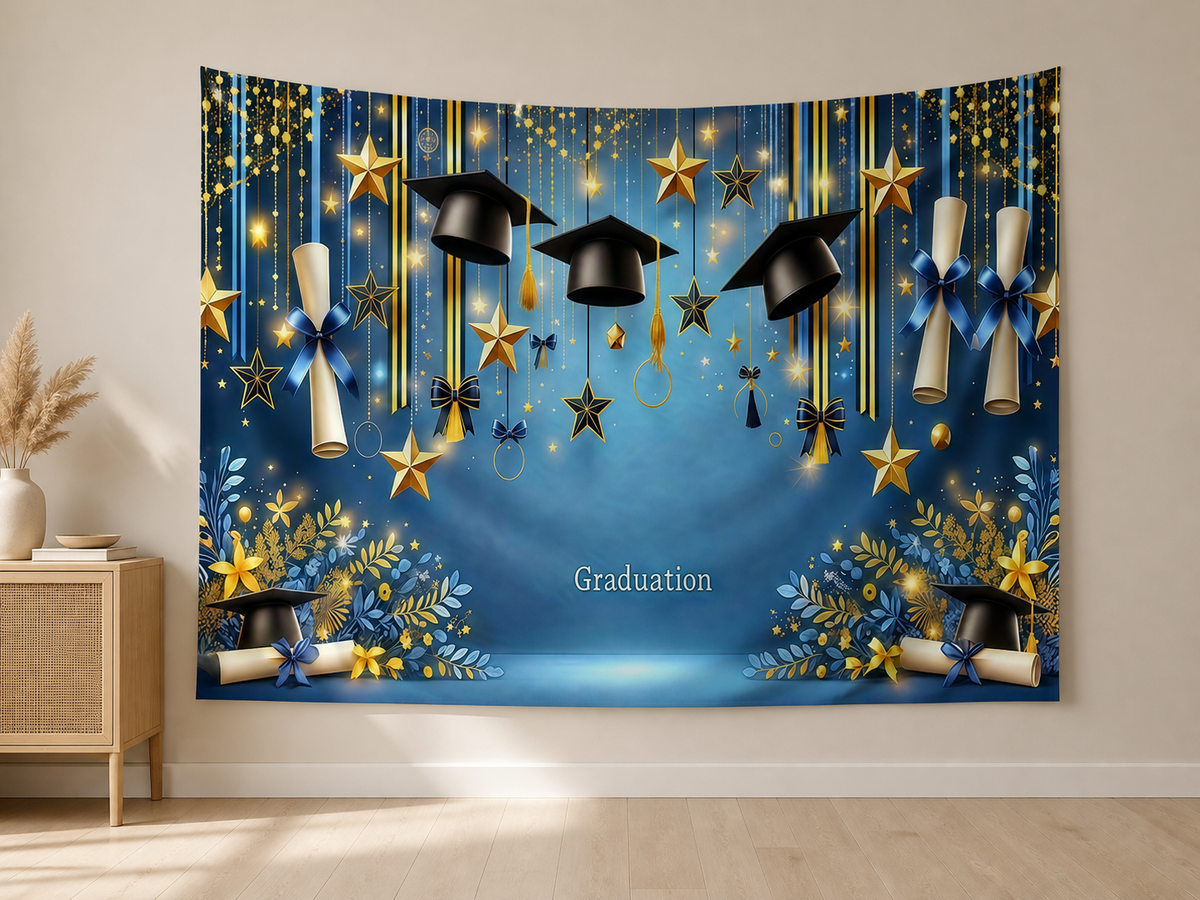 Navy Gold Graduation Cap Backdrop indoor application scene