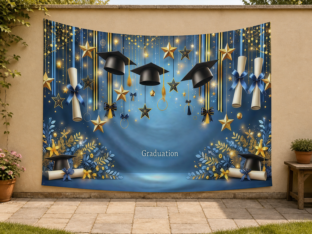 Navy Gold Graduation Cap Backdrop garden application scene