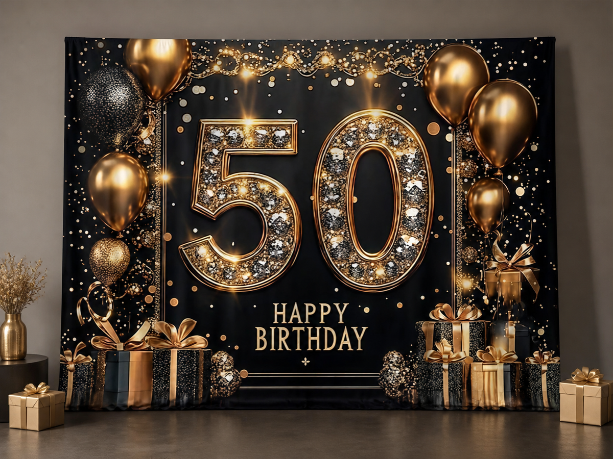 Gold 50 Happy Birthday fabric photography backdrop scene 1