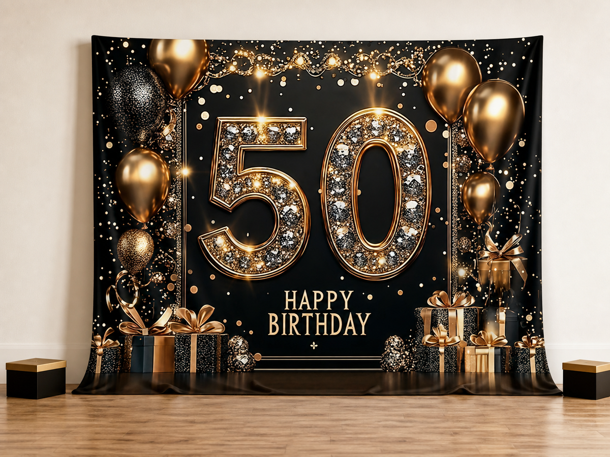 Gold 50 Happy Birthday fabric photography backdrop scene 2