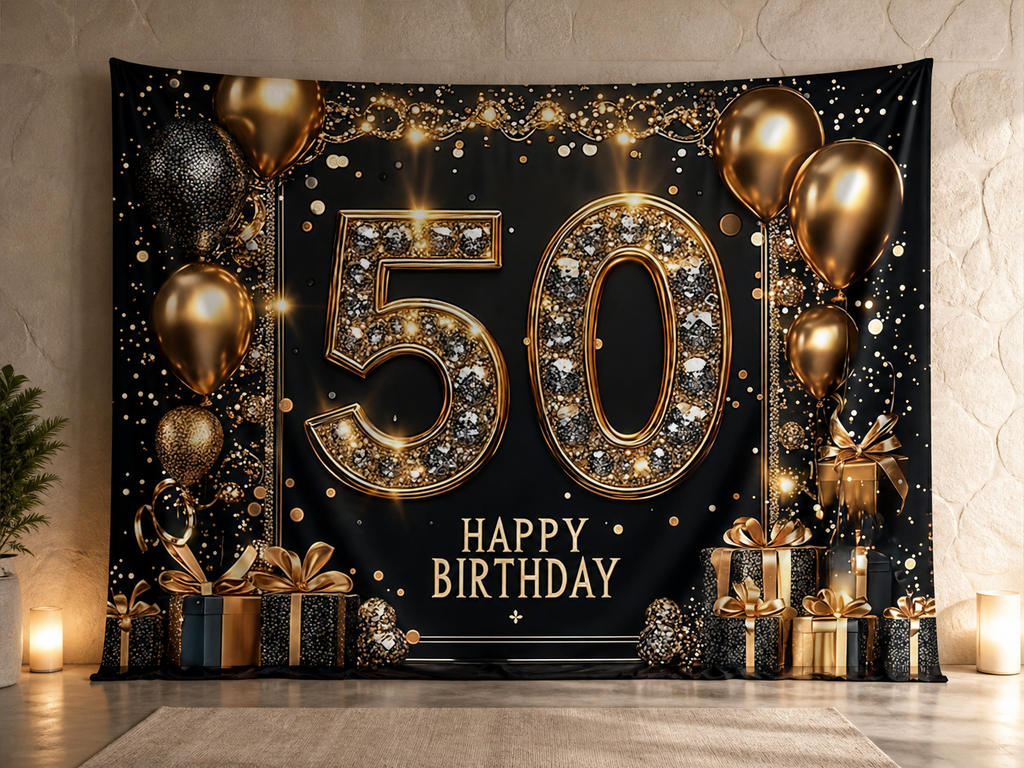 Gold 50 Happy Birthday fabric photography backdrop scene 3