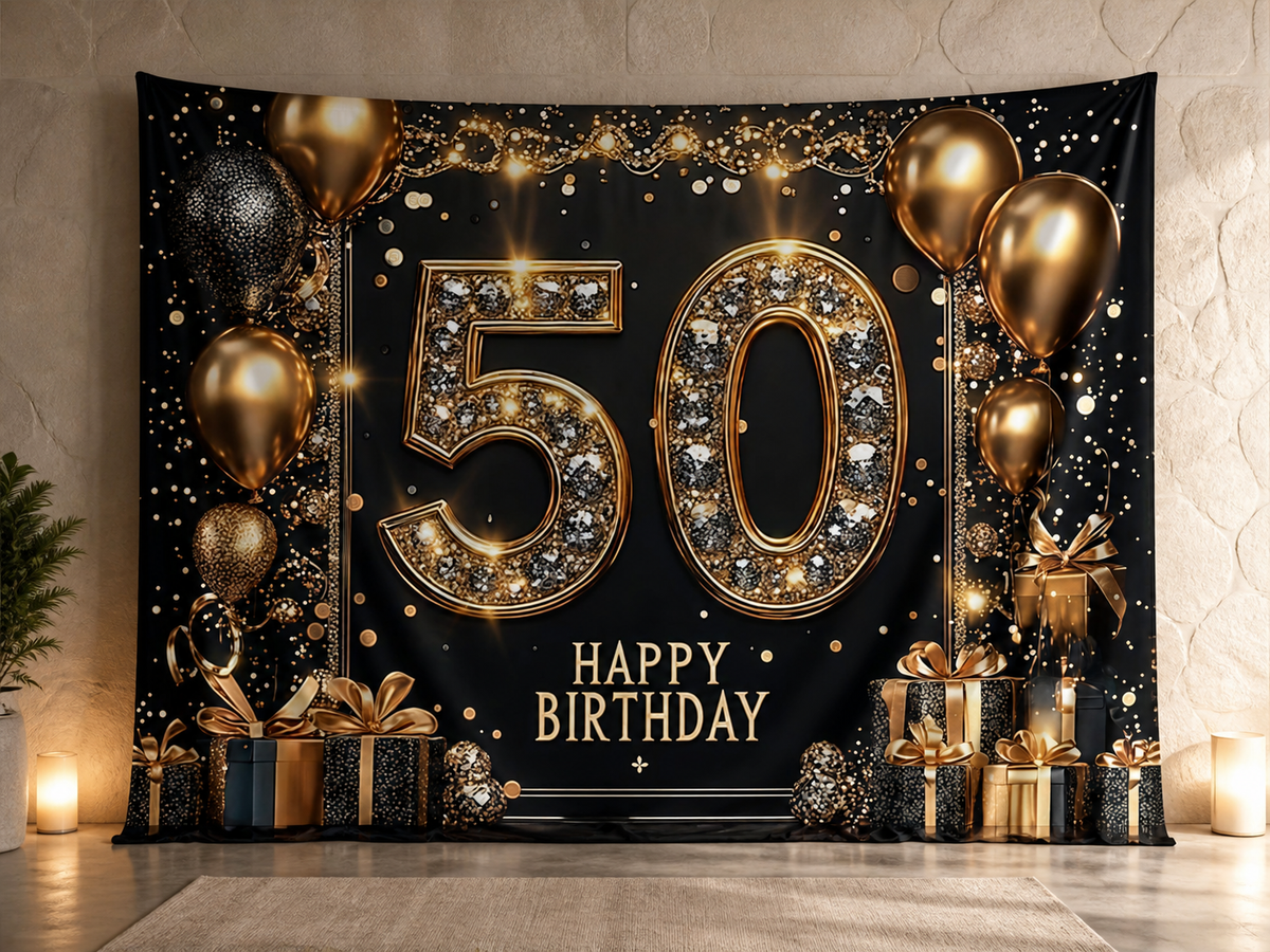 Gold 50 Happy Birthday fabric photography backdrop scene 3