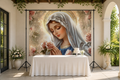 Virgin Mary and Roses Backdrop in event studio