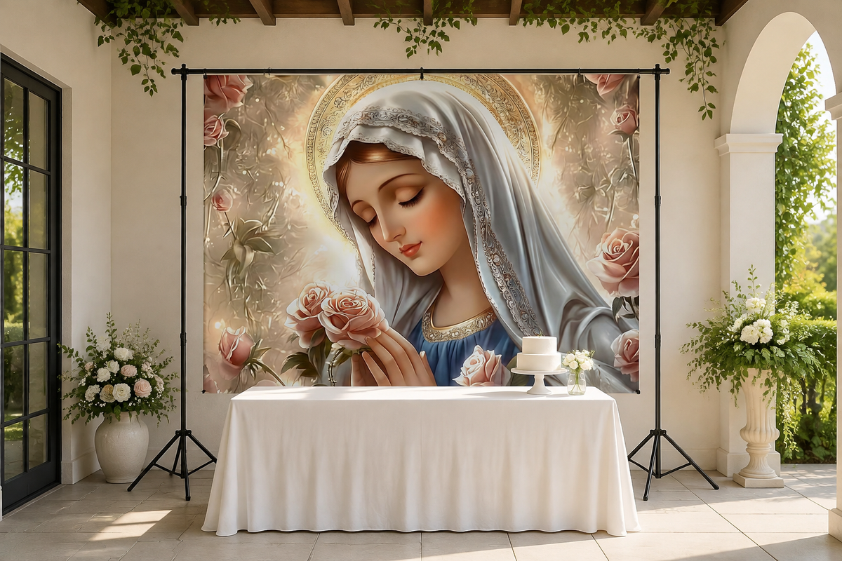 Virgin Mary and Roses Backdrop in event studio