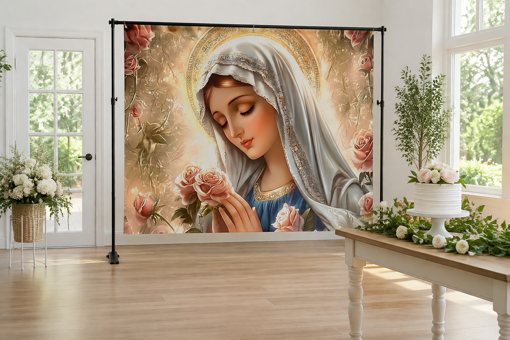 Virgin Mary and Roses Backdrop in alternate room setting