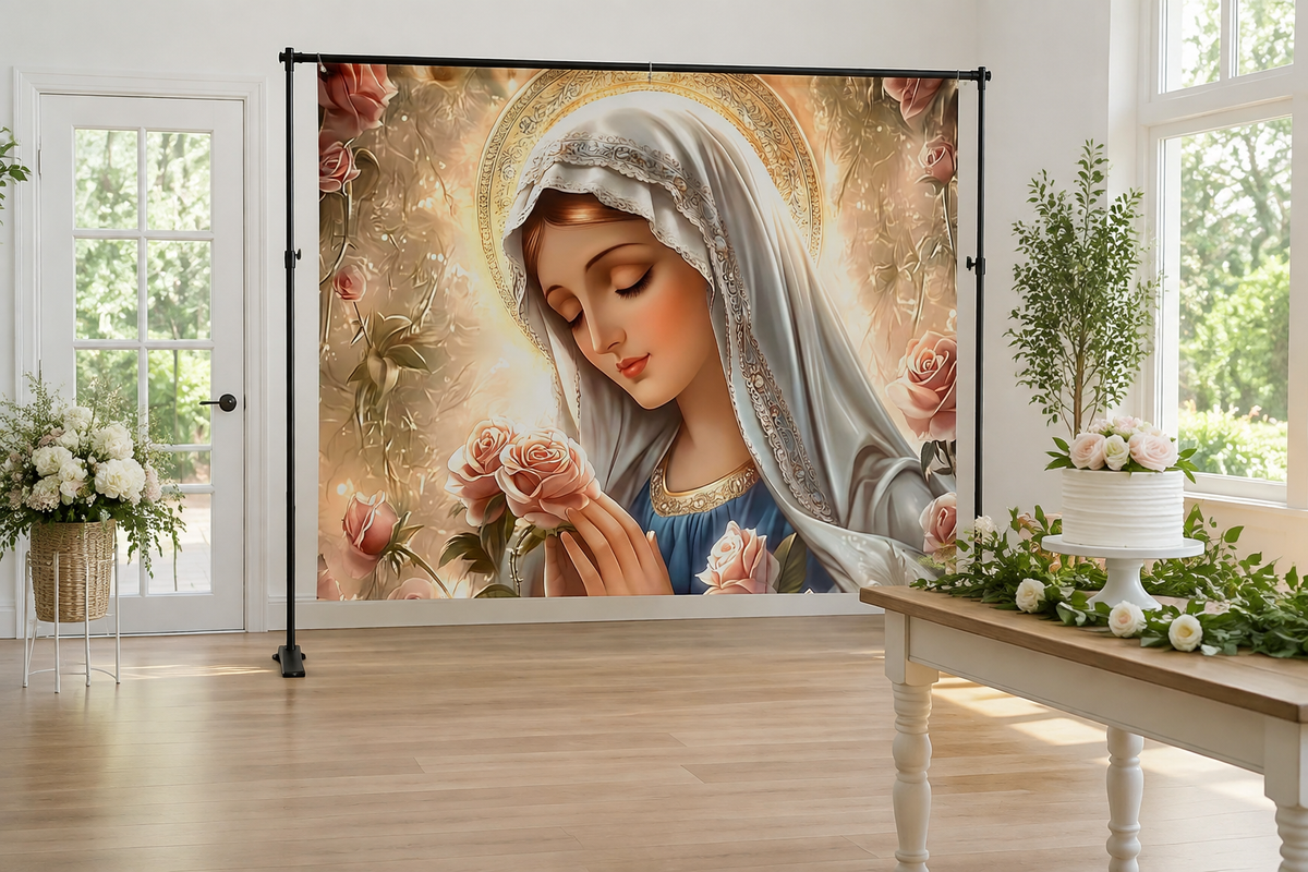 Virgin Mary and Roses Backdrop in alternate room setting
