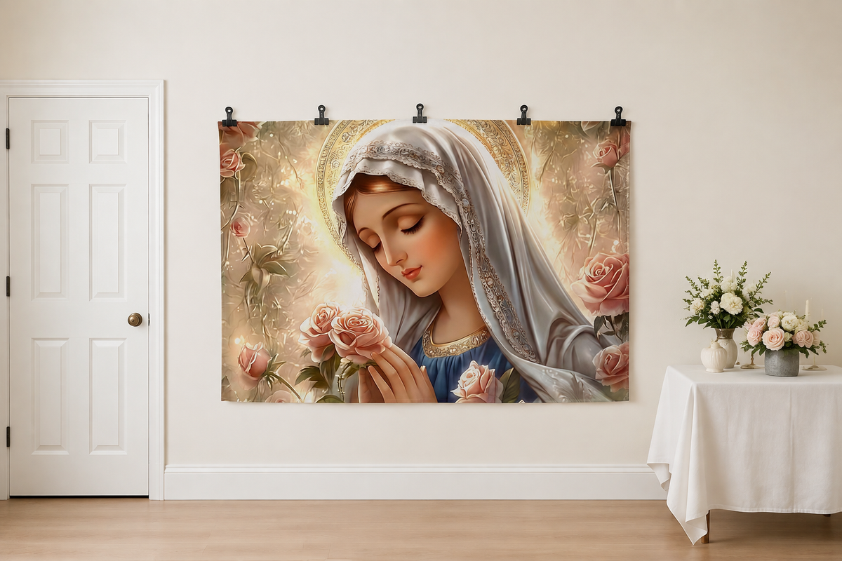 Virgin Mary and Roses Backdrop clipped directly to wall