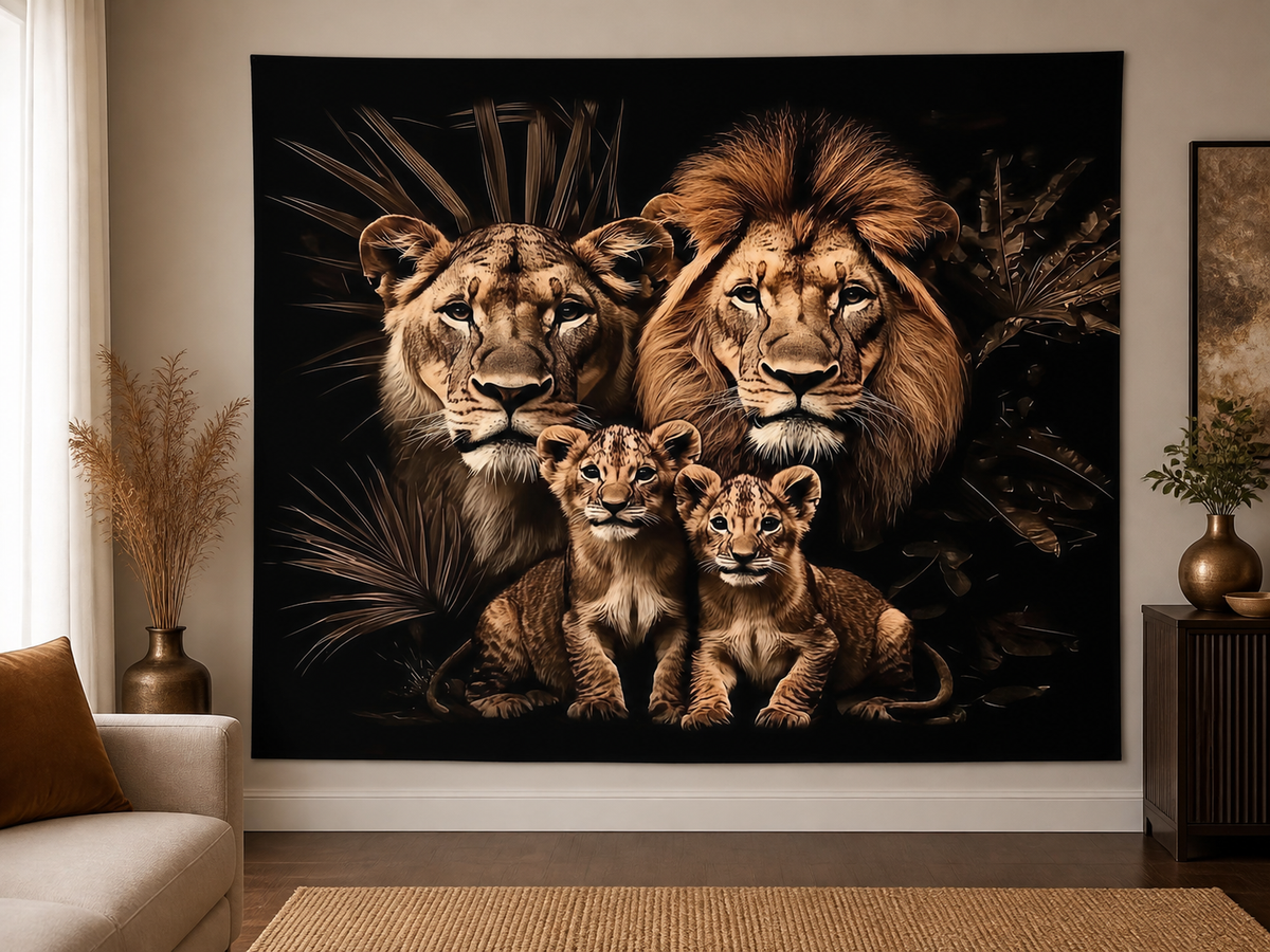 Black Gold Lion Family Tapestry Backdrop application scene 1