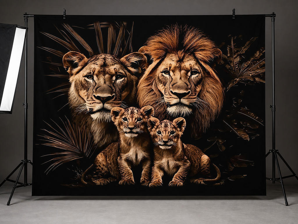 Black Gold Lion Family Tapestry Backdrop application scene 2