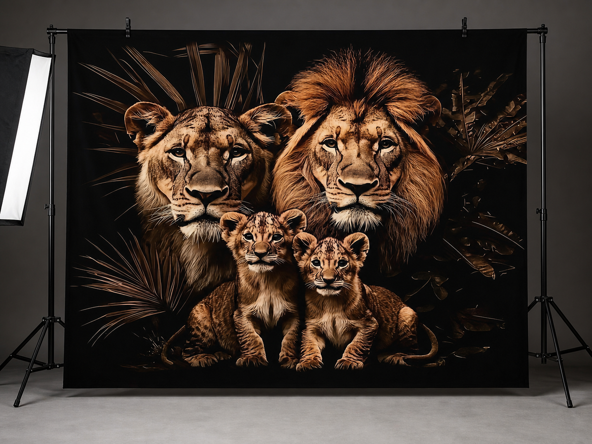 Black Gold Lion Family Tapestry Backdrop application scene 2