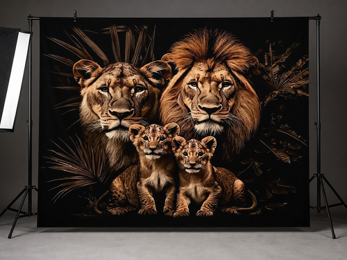 Black Gold Lion Family Tapestry Backdrop application scene 2