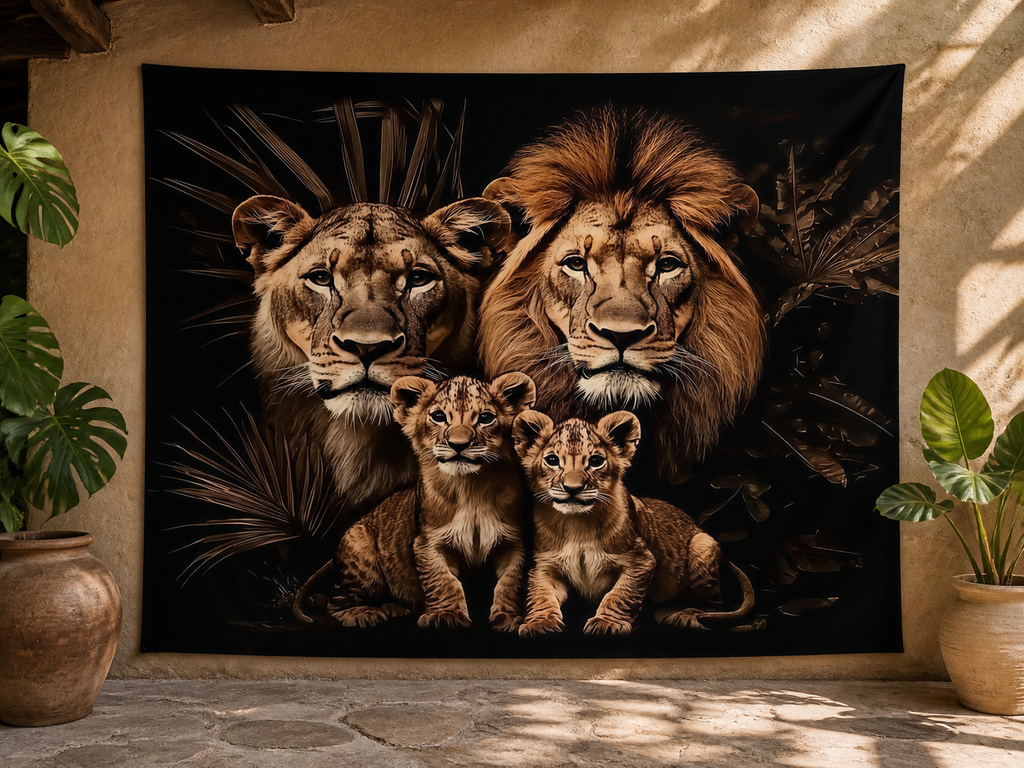 Black Gold Lion Family Tapestry Backdrop application scene 3
