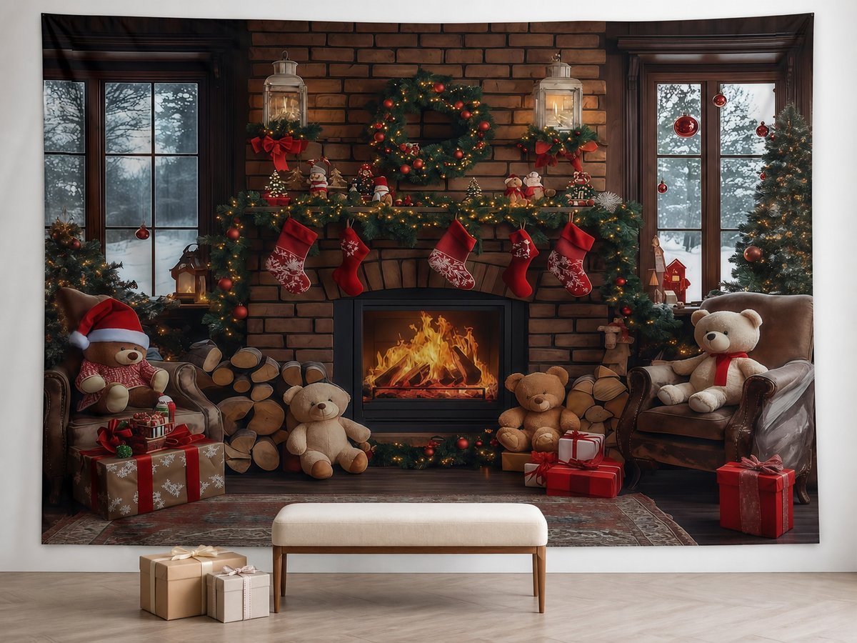 Christmas stockings teddy bear fireplace backdrop family portrait scene