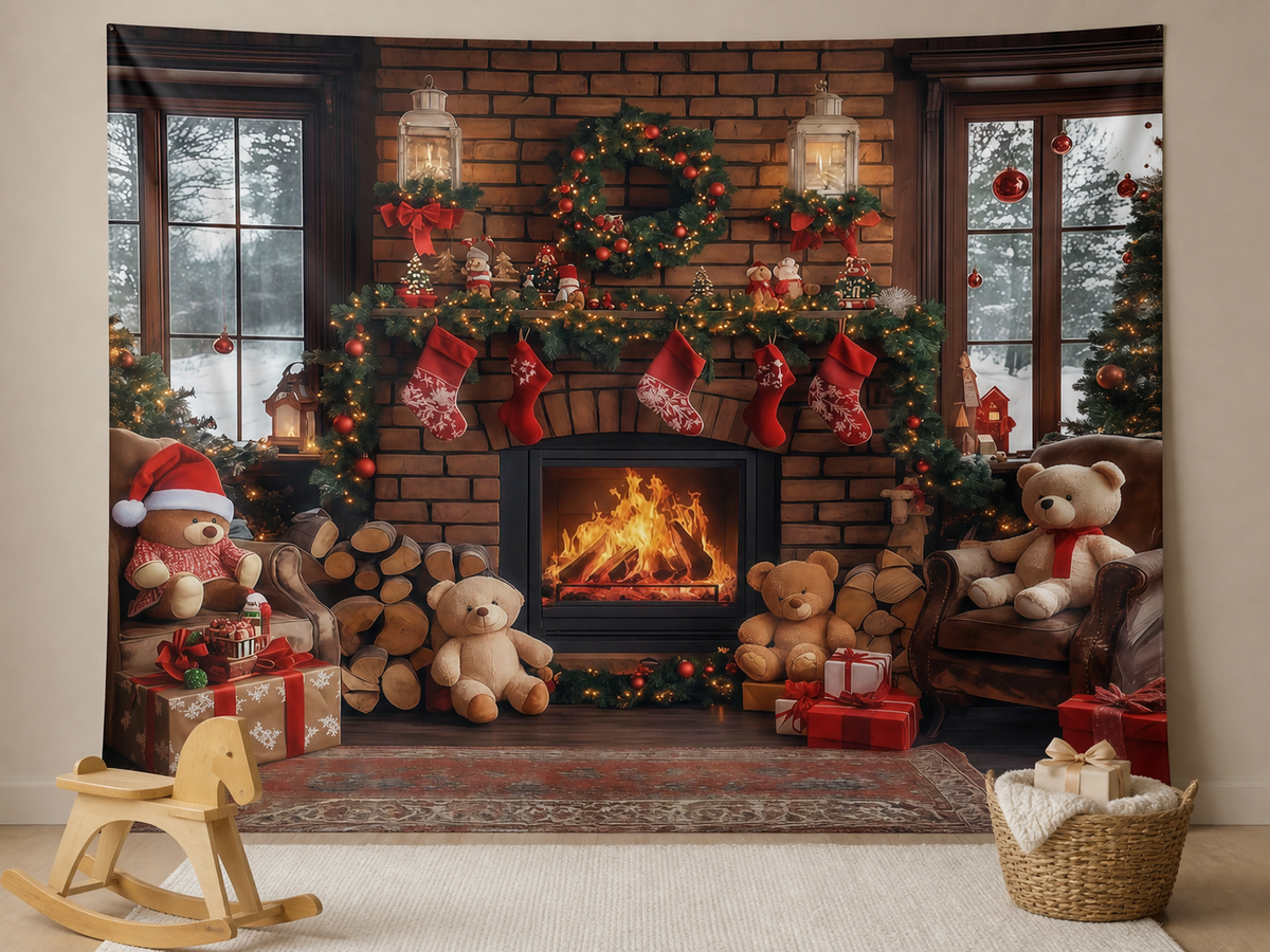 Christmas stockings teddy bear fireplace backdrop children's scene