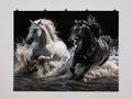 Black and White Horses printed polyester backdrop, shown at244 x183cm with straight-cut unhemmed edges and wall clips. Flat printed scenery; accessories not included.