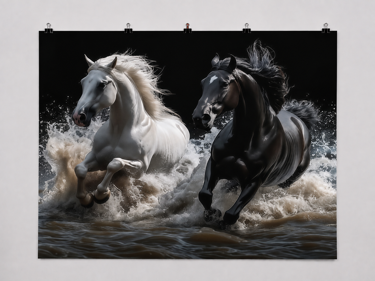 Black and White Horses printed polyester backdrop, shown at244 x183cm with straight-cut unhemmed edges and wall clips. Flat printed scenery; accessories not included.
