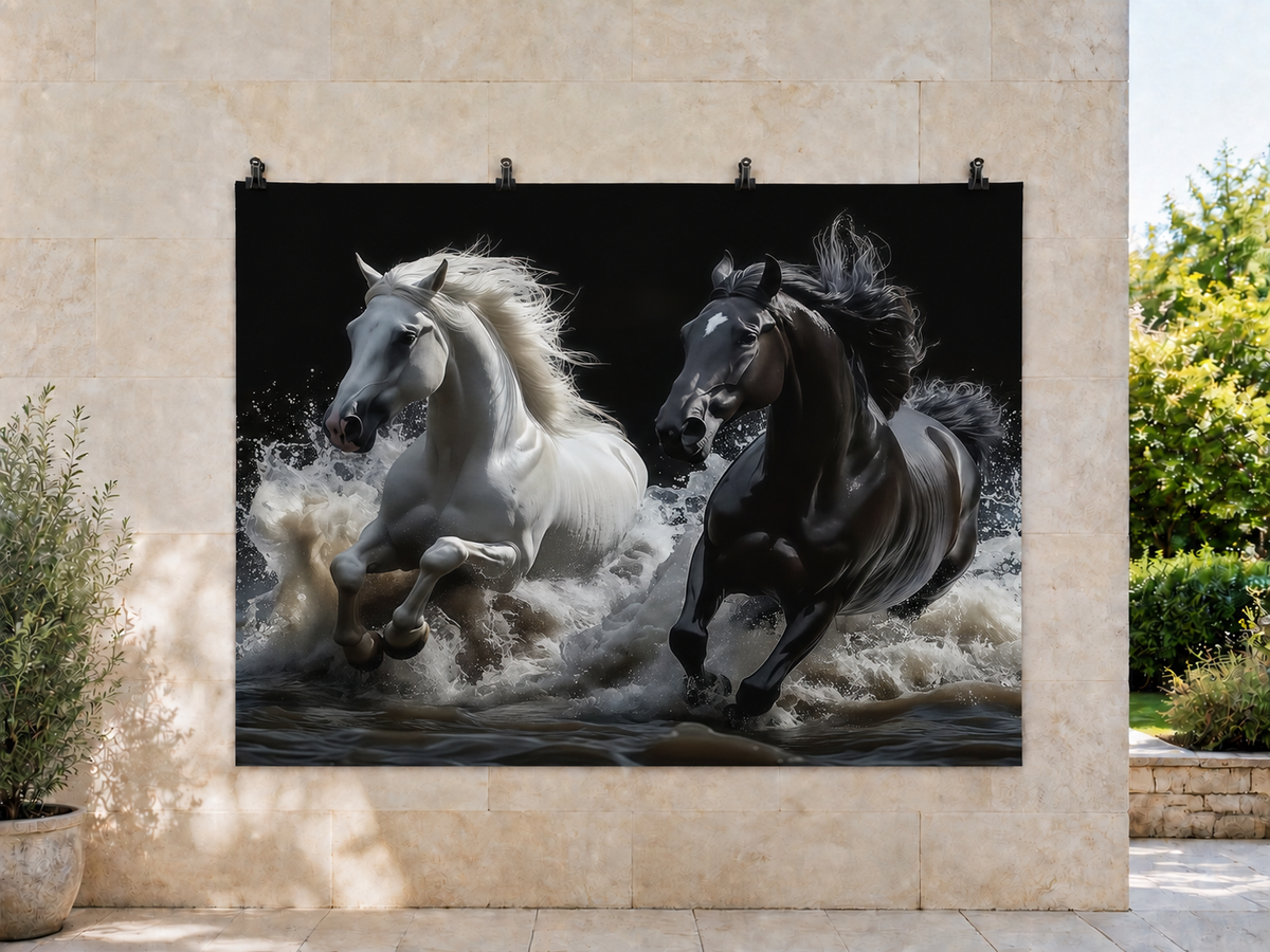 Black and White Horses printed polyester backdrop, shown at244 x183cm with straight-cut unhemmed edges and wall clips. Flat printed scenery; accessories not included.
