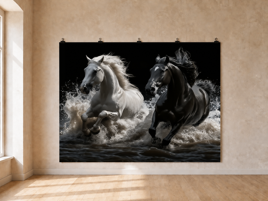 Black and White Horses printed polyester backdrop, shown at244 x183cm with straight-cut unhemmed edges and wall clips. Flat printed scenery; accessories not included.