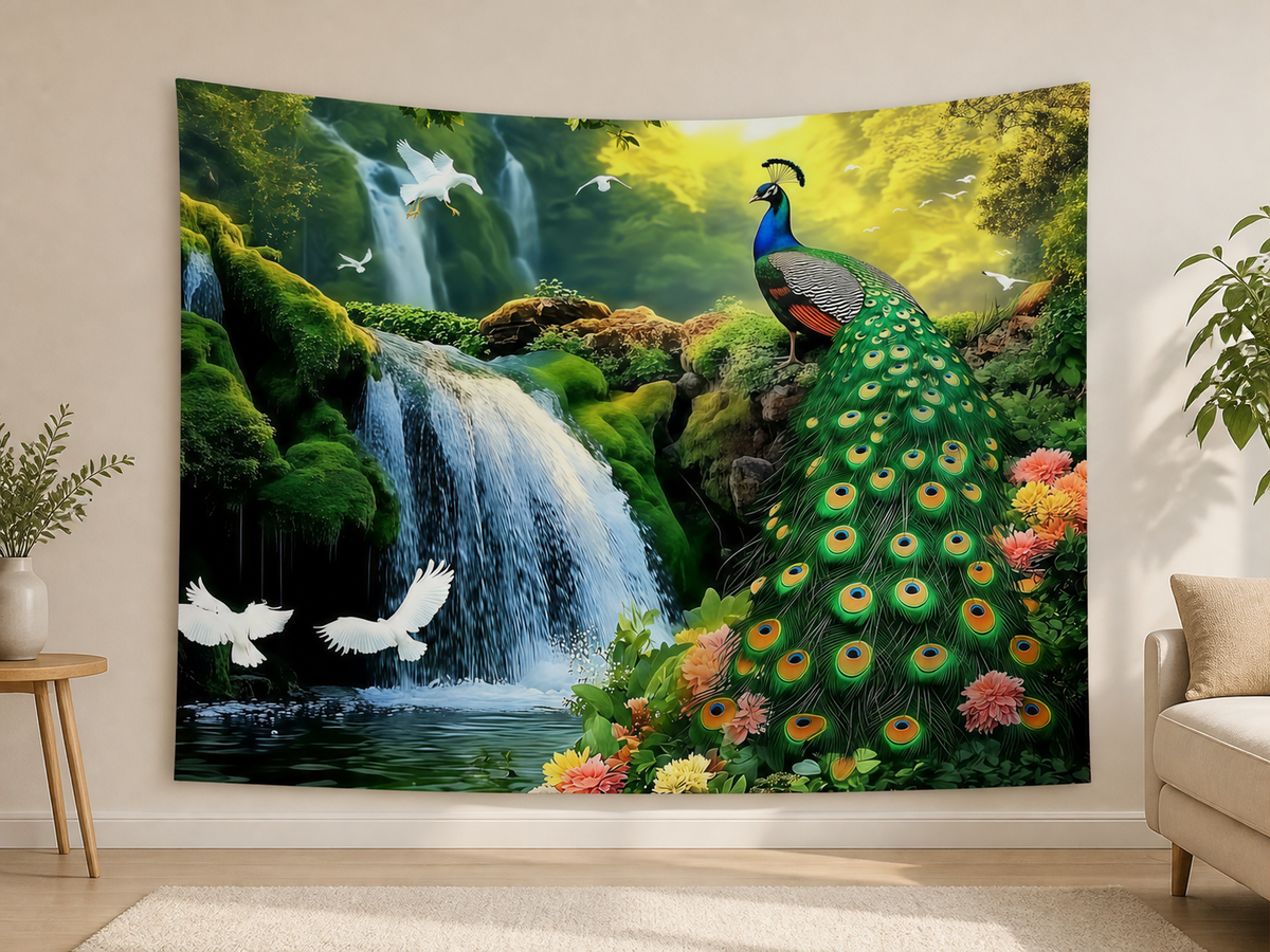Peacock Waterfall Nature Tapestry Backdrop indoor application scene