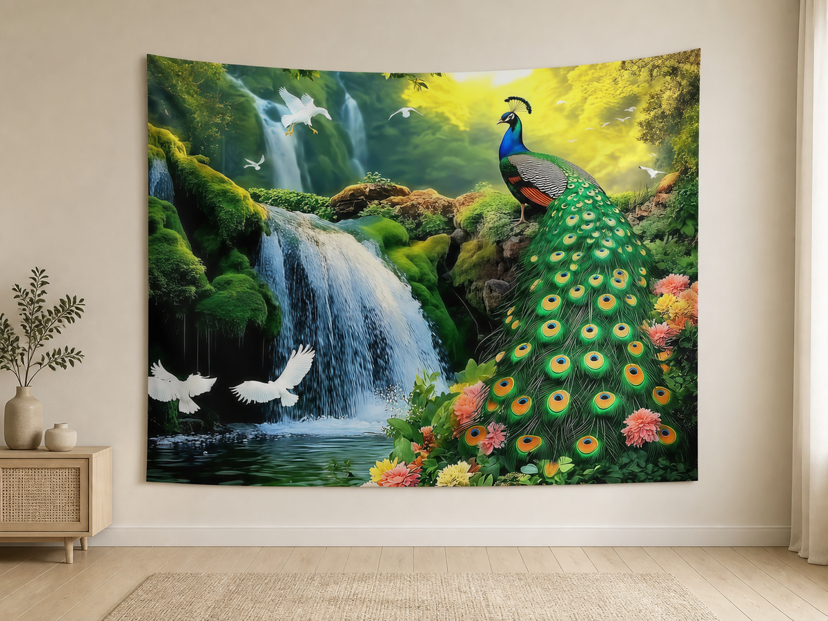 Peacock Waterfall Nature Tapestry Backdrop indoor application scene