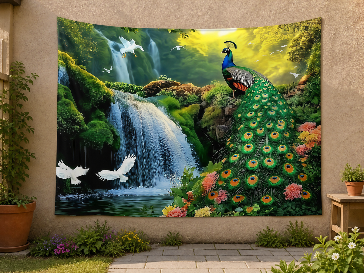 Peacock Waterfall Nature Tapestry Backdrop garden application scene