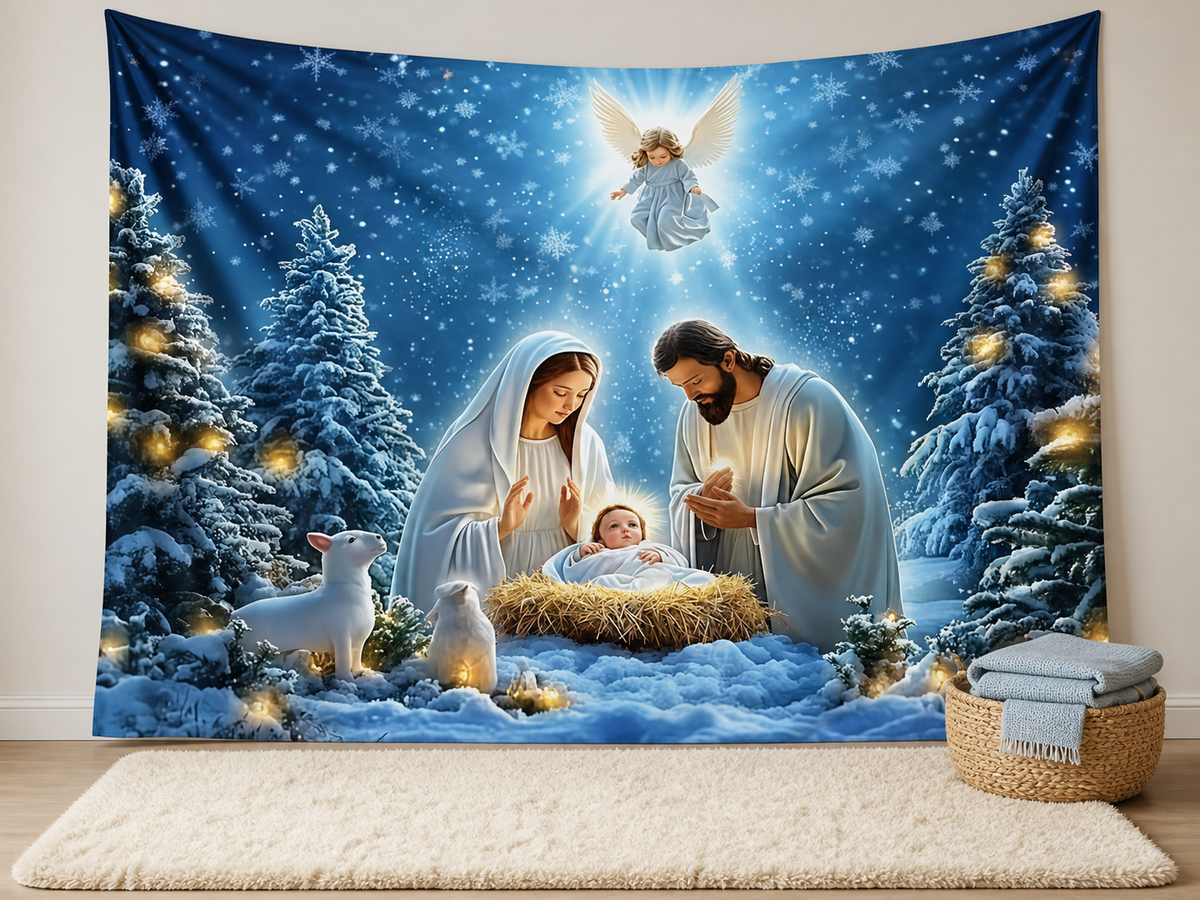 Snowy Nativity angel Christmas backdrop faith family scene