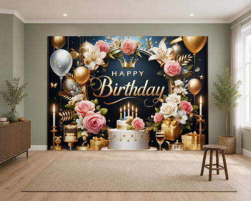 Black Gold Floral Birthday Backdrop scene 1