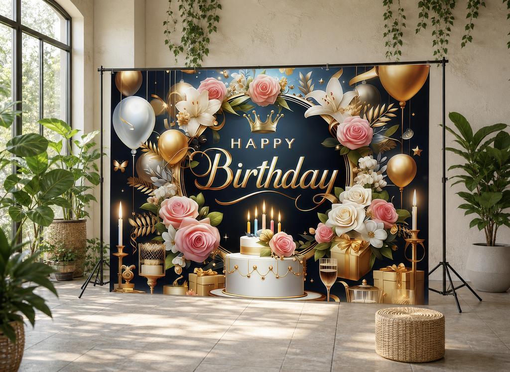 Black Gold Floral Birthday Backdrop scene 2