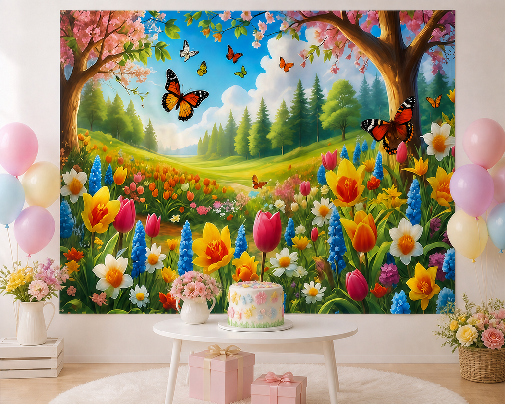 Spring Flowers and Butterflies Garden Backdrop children's party
