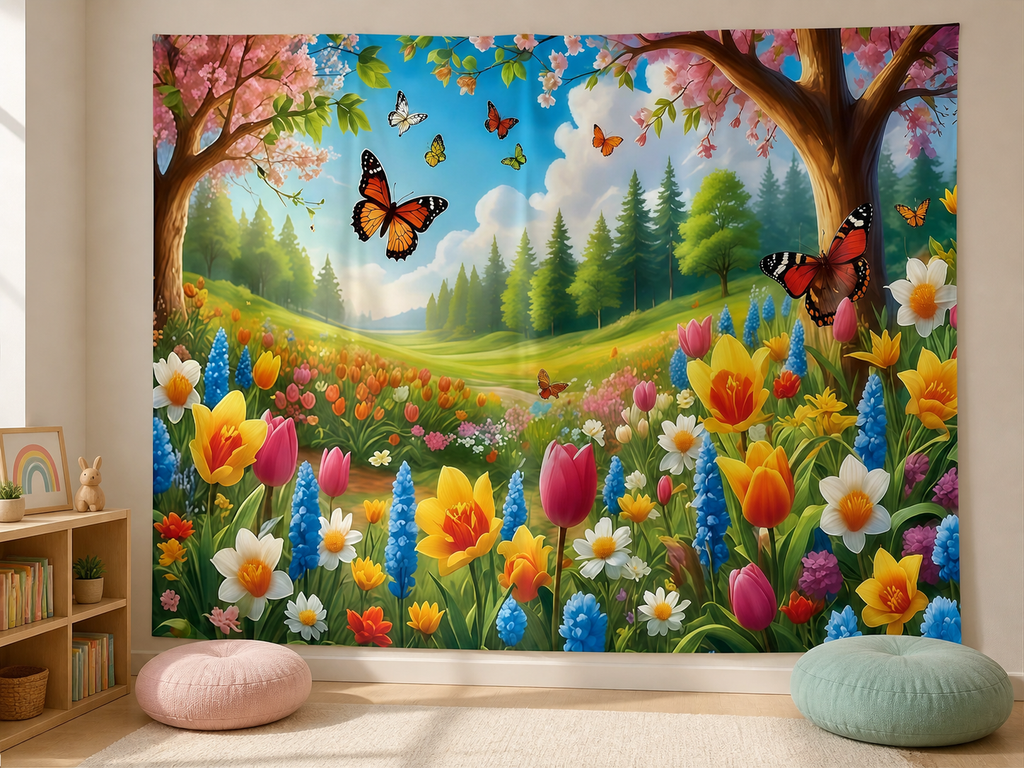 Spring Flowers and Butterflies Garden Backdrop reading corner