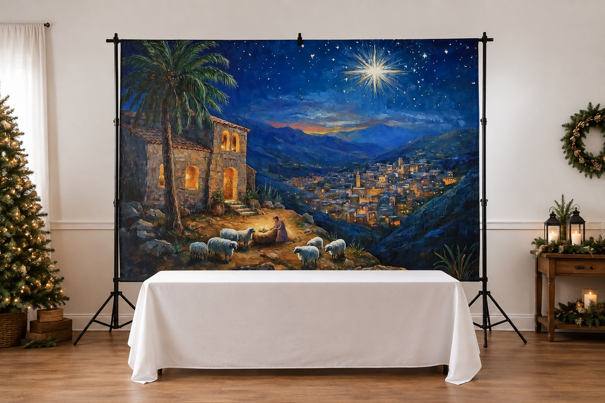 Shepherds Under the Christmas Star Backdrop in event studio