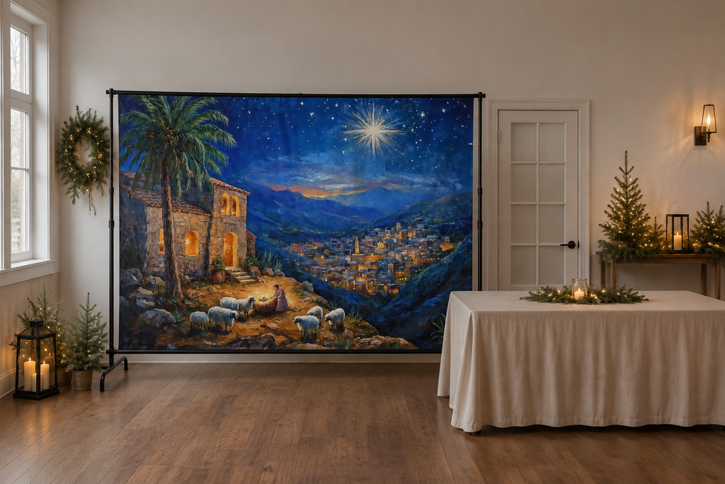 Shepherds Under the Christmas Star Backdrop in alternate room setting
