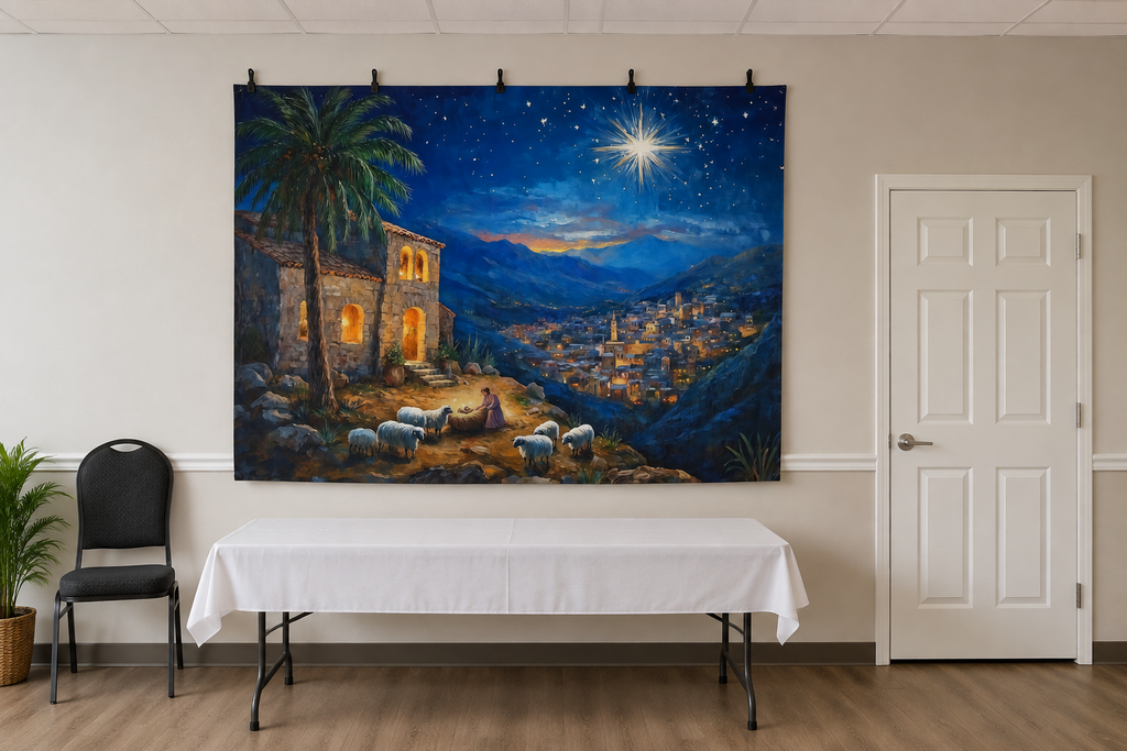 Shepherds Under the Christmas Star Backdrop clipped directly to wall
