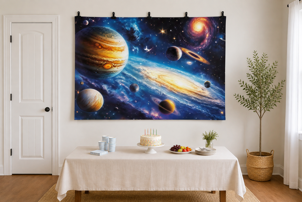 Colorful Galaxy and Planets Backdrop clipped directly to wall