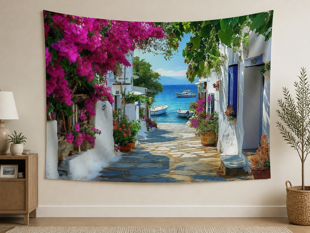 Mediterranean Coastal Village Tapestry Backdrop indoor application scene